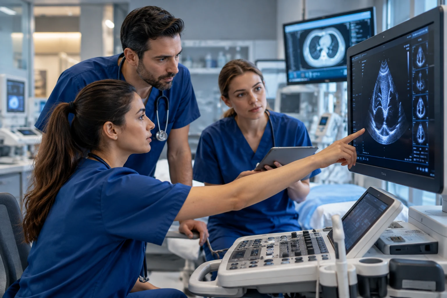 Illustrative specialty clinicians reviewing diagnostic imaging